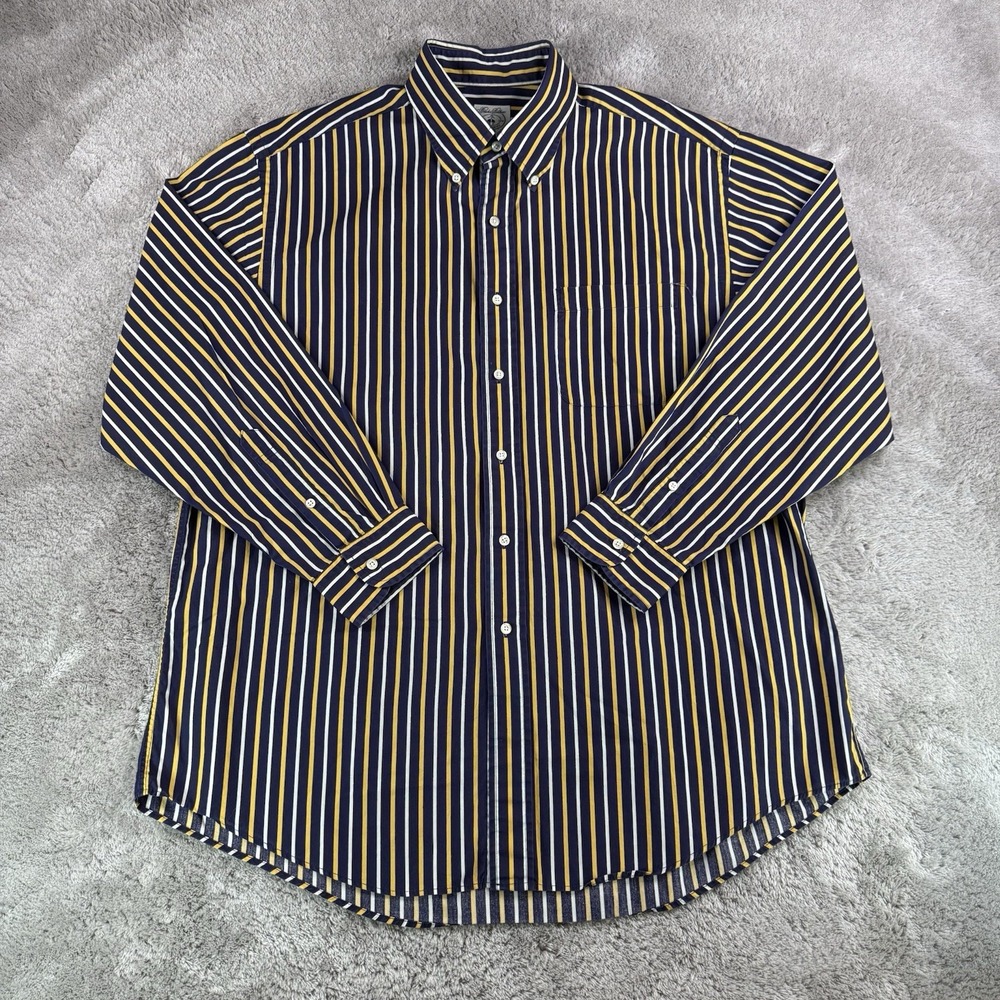 Brooks Brothers Vintage Sport Shirt Men L Blue Yellow Stripe Button Up Hong Kong